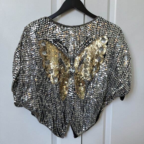 Vintage 100% Silk Sequin Beaded Butterfly Crop Top Y2K Cropped Black Silver - Picture 4 of 5